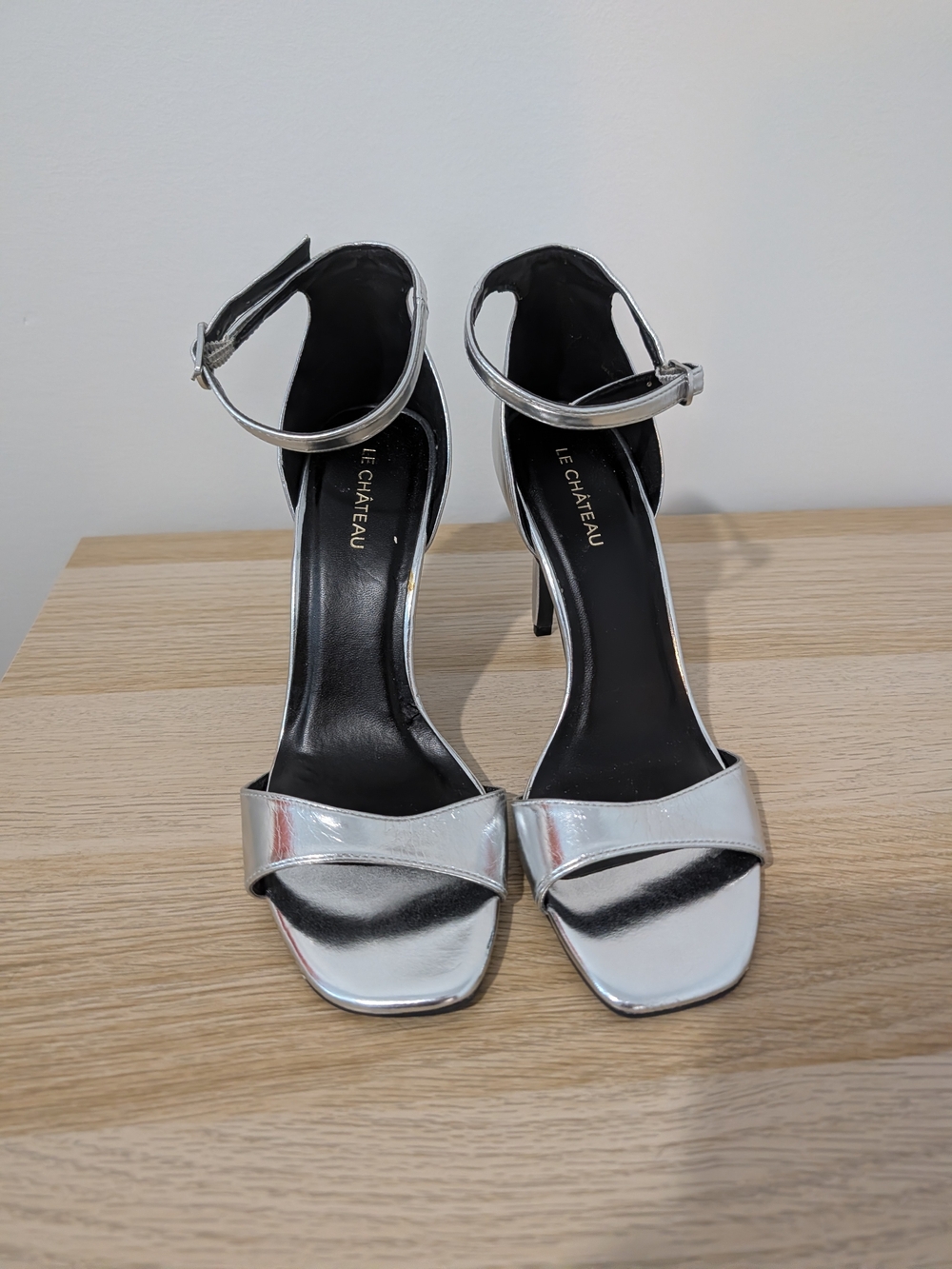 le chateau Metallic Silver Ankle-Strap Stiletto Heels